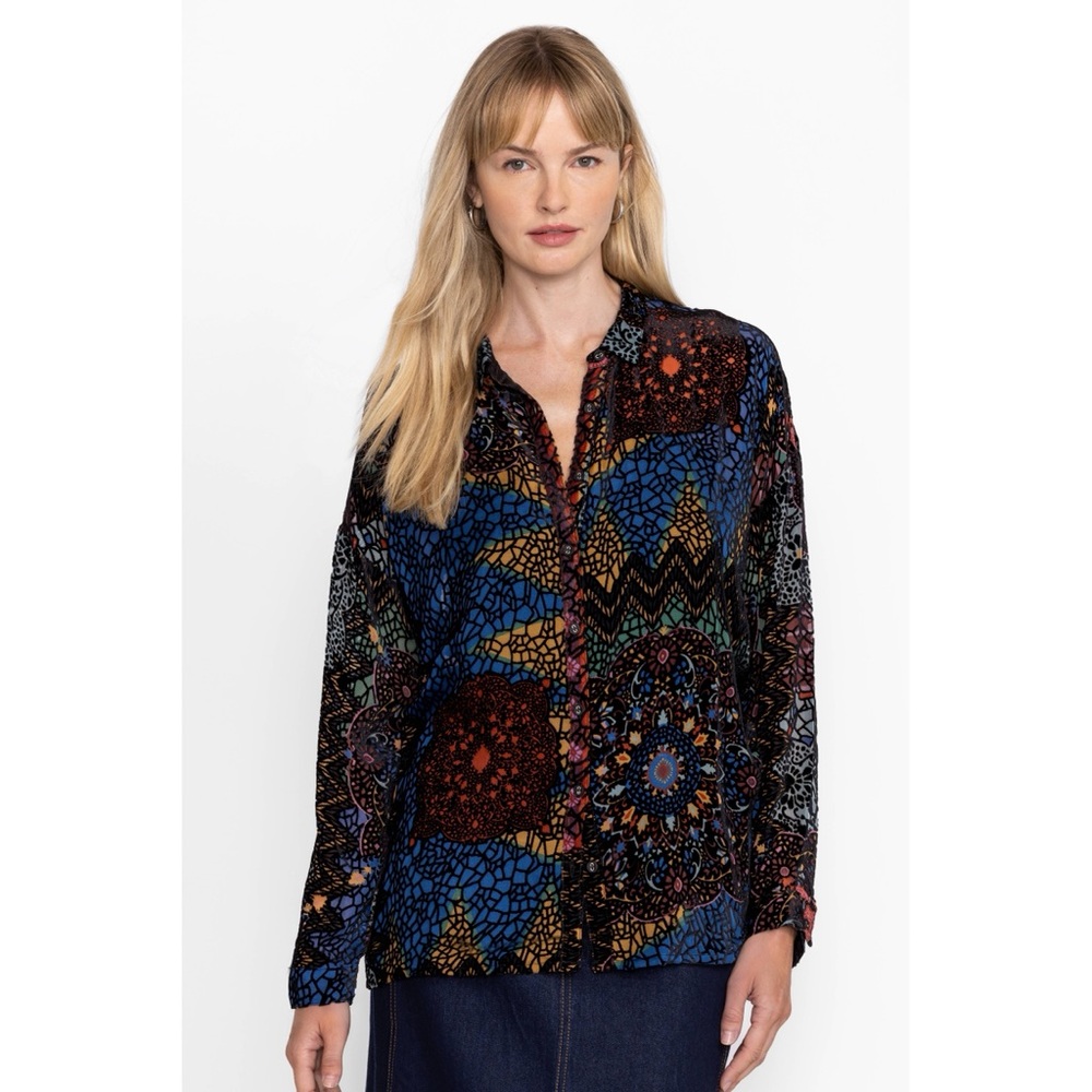 Johnny Was Audrey Oversized Burnout Silk Velvet Blend Button Down Shirt in Navy